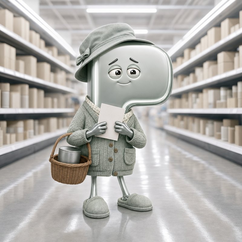 A chrome letter-P figure in a cardigan and rain bonnet holding a blank paper slip, a wicker basket on one arm